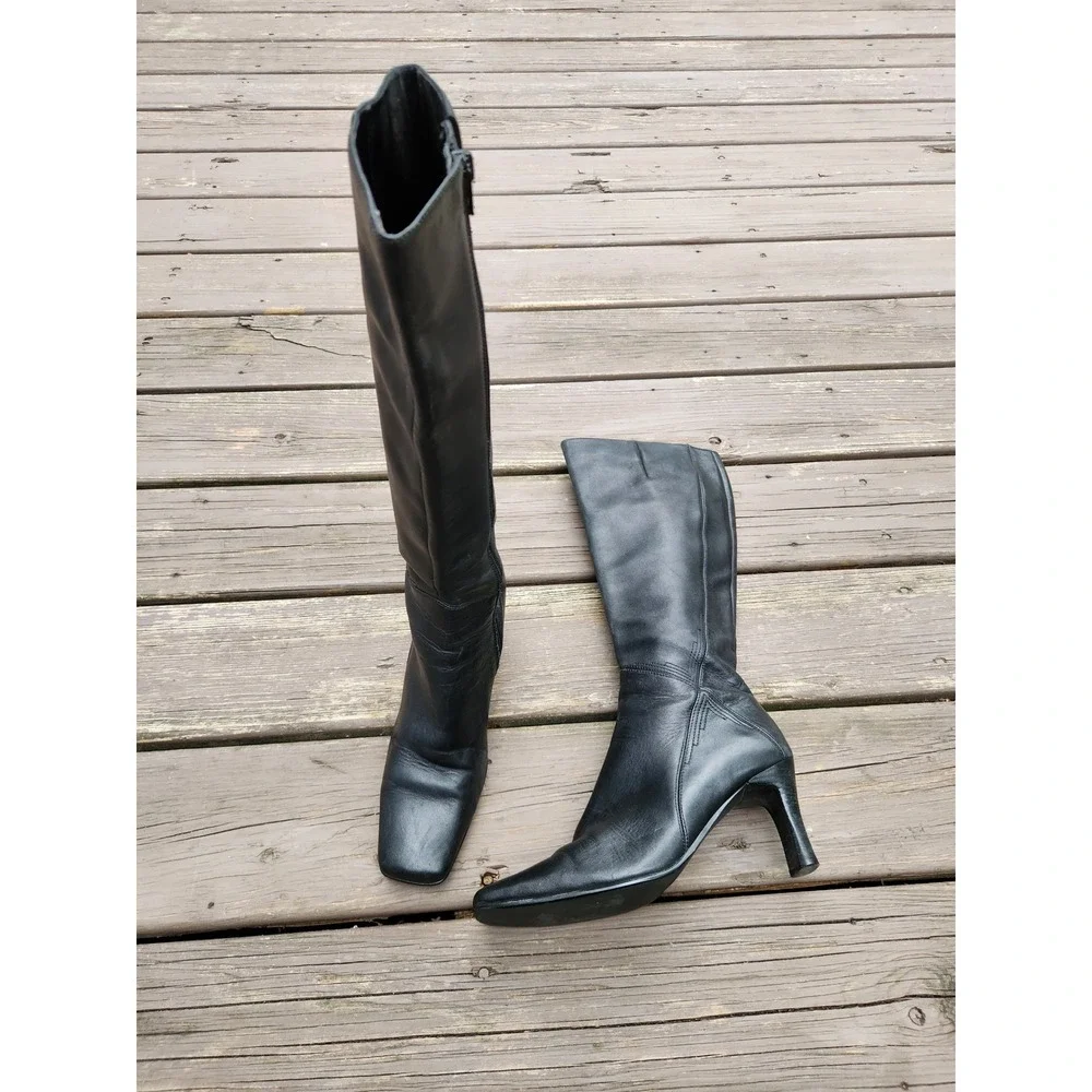 Vintage 90s Y2K Indeed Knee High Boots Black Leather Square Toe Stiletto 8.5M